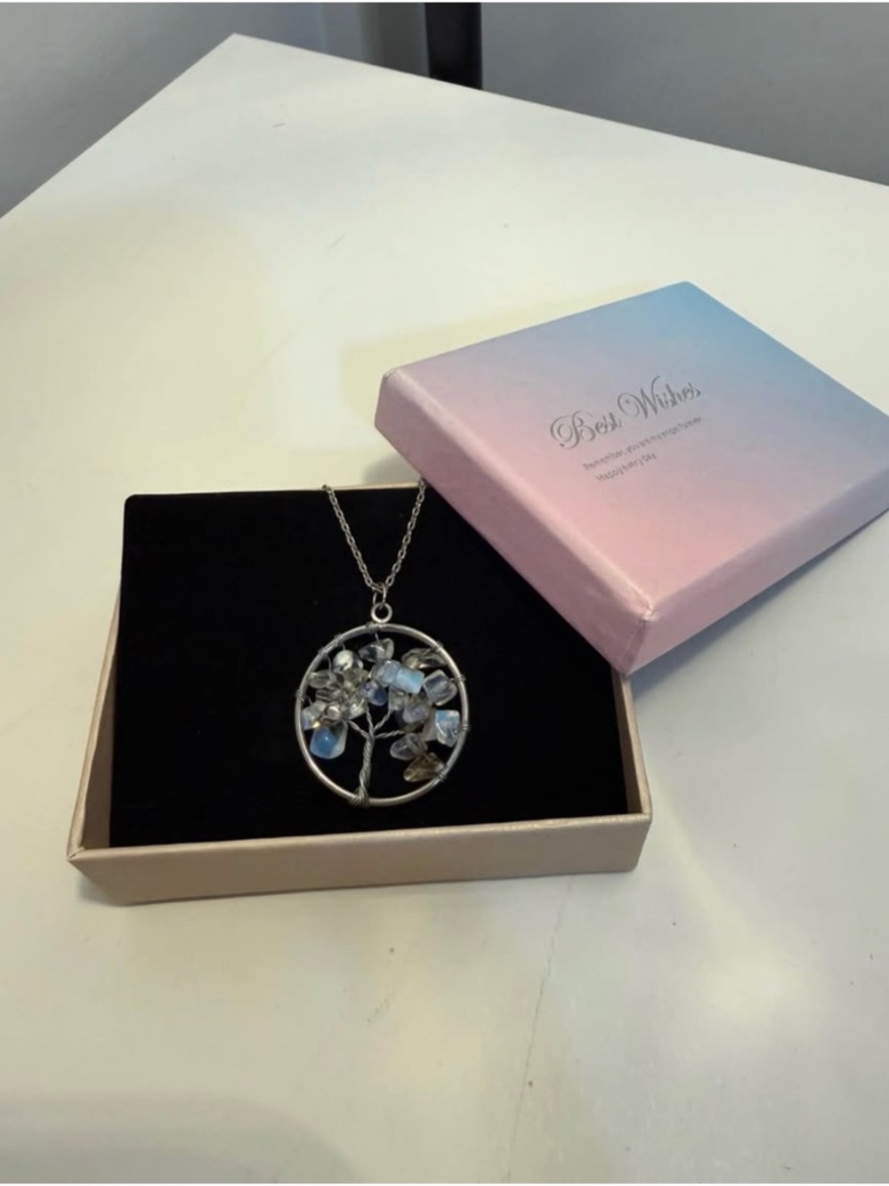 Silver Tree of Life Necklace with Moonstone Chips - White/Silver